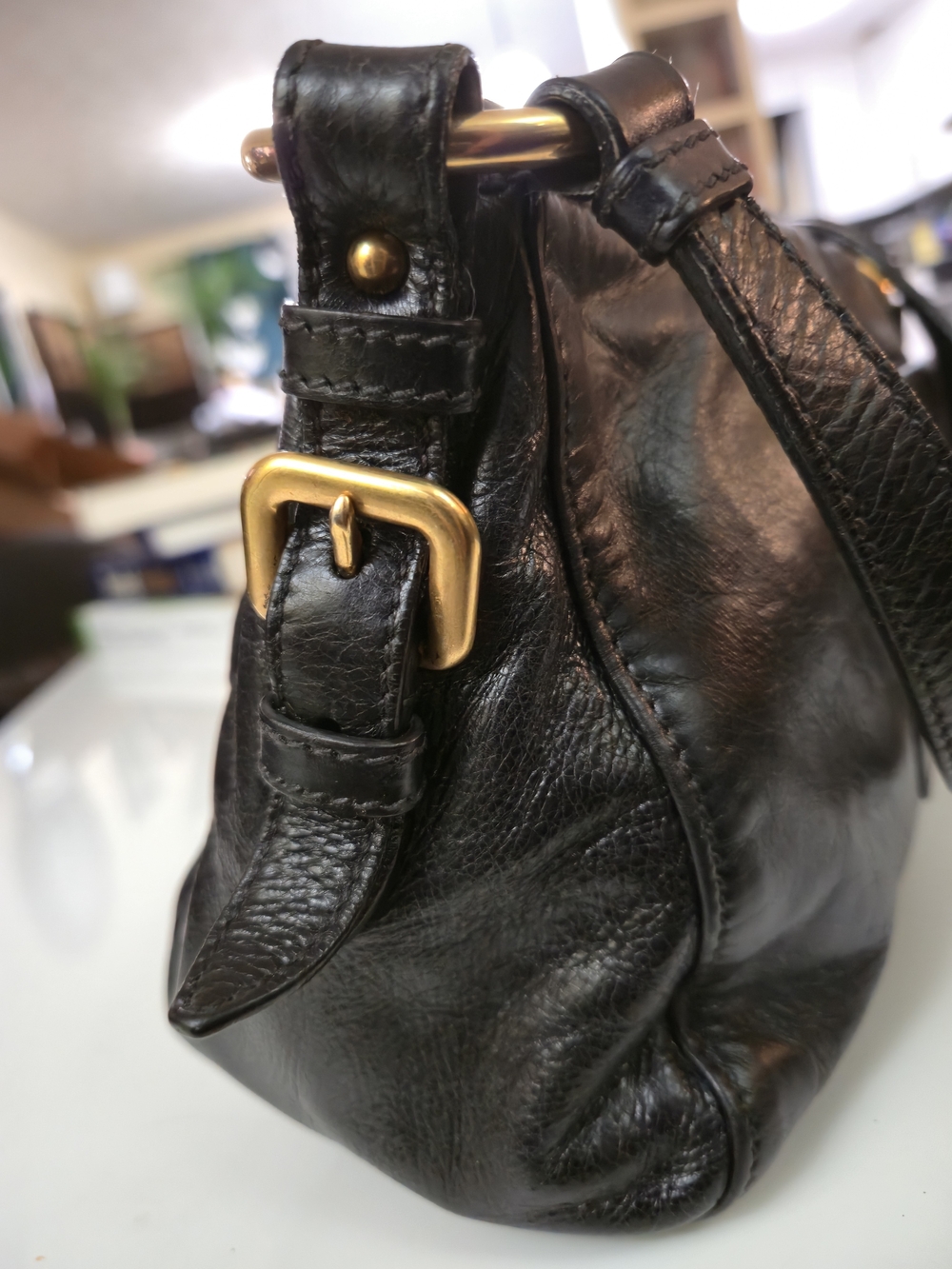 PRADA Dark Blue/Black Leather Shoulder Bag with Gold Hardware - Picture 7 of 17